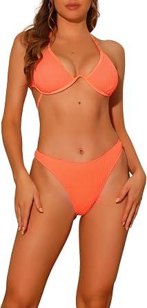 Elerevyo Women's Halter Underwire Ribbed Bikini Sets, 2 Piece Double Straps Tie Back Triangle Bottoms Swimwear Bathing Suits Medium Light Orange