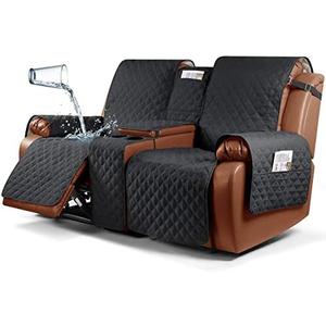 Ruaozz Waterproof Recliner Loveseat Cover with Console, Non-Slip Couch Cover Pet Cover for Double Recliner Split Sofa Cover with Elastic Straps for Kids, Dogs, Pets (Black, 2 Seater)