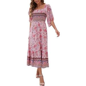 CAVOZEDA Women's Long Maxi Dress Sexy Off Shoulder Floral Dress Ruffle Short Sleeve Smocked Flowy A Line Boho Dress,XXL Pink