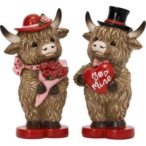 Valery Madelyn 2Pcs Valentines Highland Cow Decor, Cute Romantic Brown Calf Resin Handmade Figurines for Tiered Tray Table Home Decor, Valentines Gifts for Him Her Wedding Anniversary, 4 Inch (Medium)