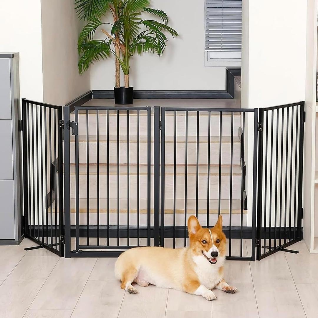 Metal Freestanding Dog Gates with Door for Outdoor Indoor,80'' Extra Wide 32'' Tall Free Standing Dog Gate for Doorways,Large Openings,Deck,Yard,Foldable Safety Pet Fence(Black,4 Panels)