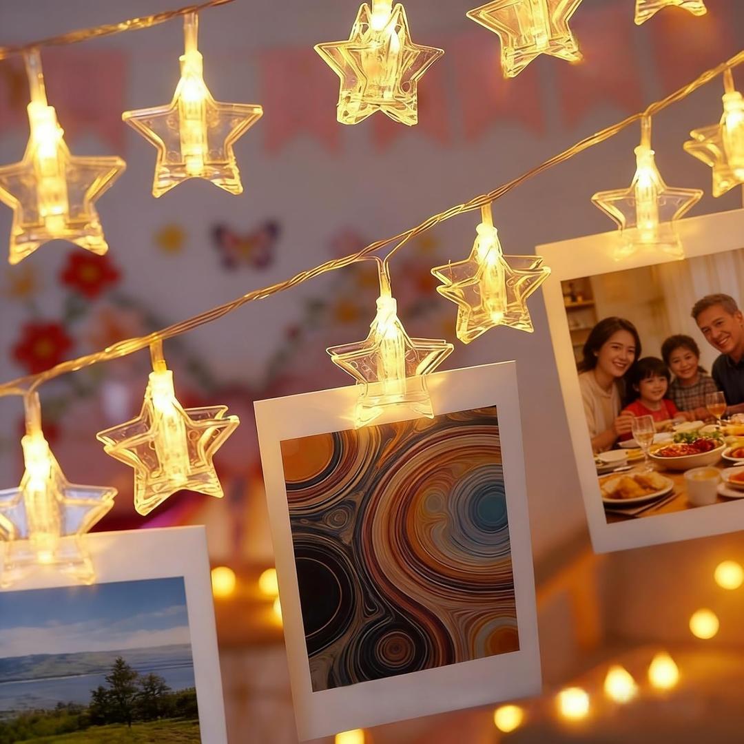 20 Photo String with Clips for Hanging Pictures,9.85Ft Valentine's Day Clear Star Photo Clip String Lights for Wall Bedroom Wedding Birthday Party Home Decorations (Star)