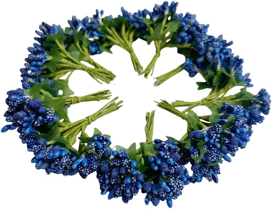 144pcs Artificial Mini Royal Blue Flower Stamen Pistil and Soft Stem,20mm Tiny Berry for DIY Wedding Make Bridal Hair Clips,Cake Top,Wrist Corsage Boutonniere,Candle Rings Wreath Bracelet Flower
