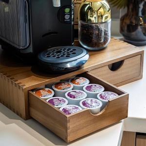 Wood Coffee Pod Storage Box, Coffee Pods And Tea Organizer Holder, K Pod Coffee Maker Station Machine Stander, K Cup Drawer Under Brewer Compatible K Pods 30 Pod Capacity 2 Drawer