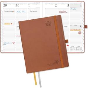 POPRUN Planner 2026-2027, Large-8.5" x 10.5", Academic Planner 2026-2027 Weekly and Monthly (July 26-June 27) Hourly Appointment Book with Inner Pockets, Leather Soft Cover, 100GSM - Brown