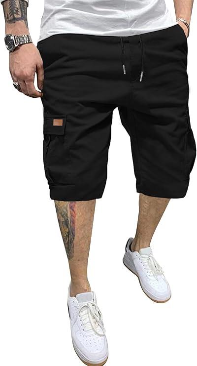 PLEPAN Men's Casual Cargo Shorts Classic Stretch Waist Drawstring Outdoor Work Shorts with 6 Pockets M