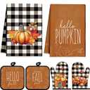 6 Pcs Thanksgiving Kitchen Towels Pot Holders and Oven Mitts Set Including 2 Pumpkin Dish Hand Towels 2 Thanksgiving Square Potholders 2 Heat Resistant Gloves for Cooking Baking Gift Home