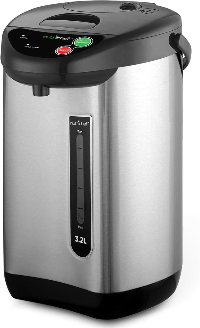 NutriChef Hot Water Urn Pot 3.38 QT, Insulated Stainless Steel Hot Water Dispenser & Boiler, Auto & Manual Dispense, Safety Lock, Electric Kettle