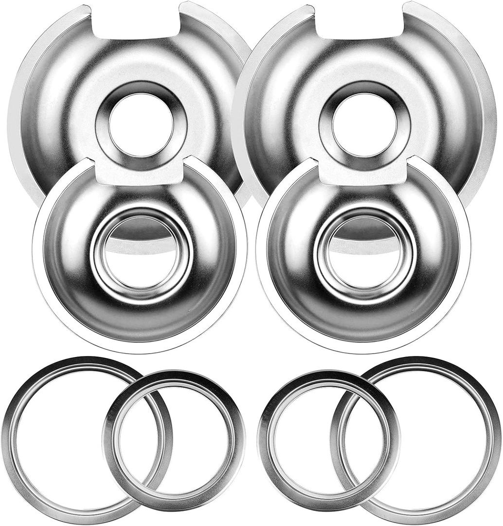 Burner Drip Pans 2 Large 8'' WB32X10013 & 2 Small 6'' WB32X10012 Chrome Drip Pan Set Fit for GE Hotpoint Electric Stove Top - Includes 2 Pcs 6'' Drip Pan/Ring and 2 Pcs 8'' Drip Pan/Ring by AMI PARTS