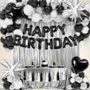 Black Birthday Decorations, Black and Silver Birthday Decorations for Men Women Girls Including HAPPY BIRTHDAY Balloons Banner Foil and Latex Balloons Silver Fringe Curtains Tassels Garland