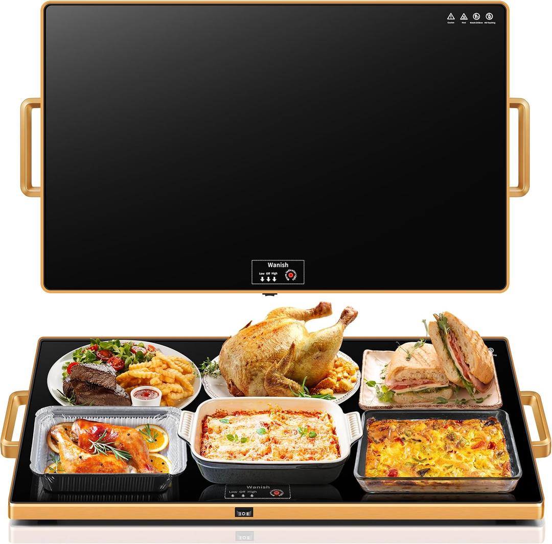 Electric Warming TrayXXL 32x18Food Warmer with Thermostat and Full Surface HeatingFood Warming Mat with 2 Temperature Modes for Parties BuffetGatheringsGold Edge Handles Warming Mat for Food (Black)