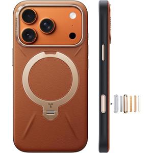 TORRAS Organic Leather for iPhone 17 Pro Case with Stand, Fit for Magsafe, 360 Spin Stand with Camera Control, Premium Leather Durable Stylish Q3 VegSkin for iPhone 17 Pro Phone Case, Saddle Brown