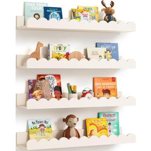 Scalloped Wall Bookshelves for Nursery, Floating Wooden Book Shelves for Kids Room, White Nursery Shelves for Wall, Baby & Toddler Room Decor (16.5 Inches)
