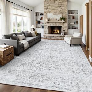 8x10 Area Rugs for Living Room, Washable Vintage Retro Floral Rug, Low Pile Non Slip Distressed Large Carpet for Bedroom, Dining Room, Office, Home (Grey)