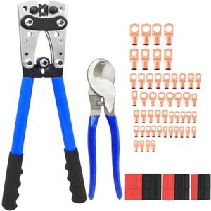 Cable Lug Crimping Tool with 50/100/200Pcs Copper Wire Lugs, Battery Cable Lug Crimping Tool Kit for AWG 10-1/0, Cable Cutter, 80Pcs Heat Shrink Tubing,Battery Terminal Crimper Tool
