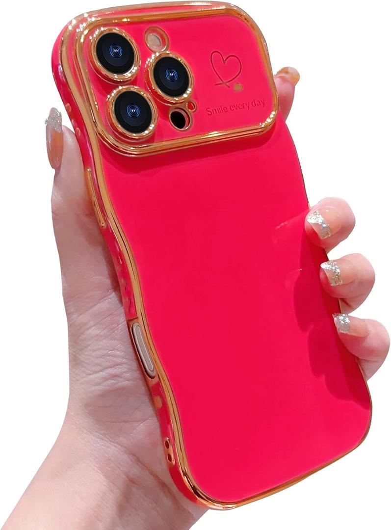 IDweel for iPhone 16 Pro Max Case for Women Girls, Luxury Cute Wave Frame Curly Shape with Love Heart Raised Camera Protection Slim Fit Cover Plating Shockproof Lightweight Phone Case, Rose Red