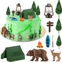 Hooqict 12 Pcs Camping Cake Decorations Set with Mini Tent, Campfire, Tree, Camp Sign, Safari Animals Camping Cake Toppers for Kids Adults Forest Themed Birthday Party Supplies