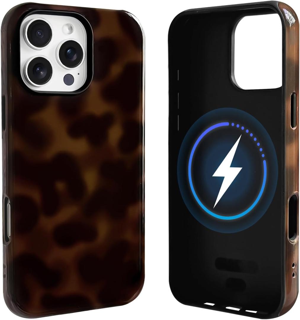 NITITOP Compatible with iPhone 16 Pro Max Case Magnetic Compatible with MagSafe Cute Leopard Amber Aesthetic Tortoise Design for Women Men Girls Soft TPU Shockproof Protective Cover - Brown