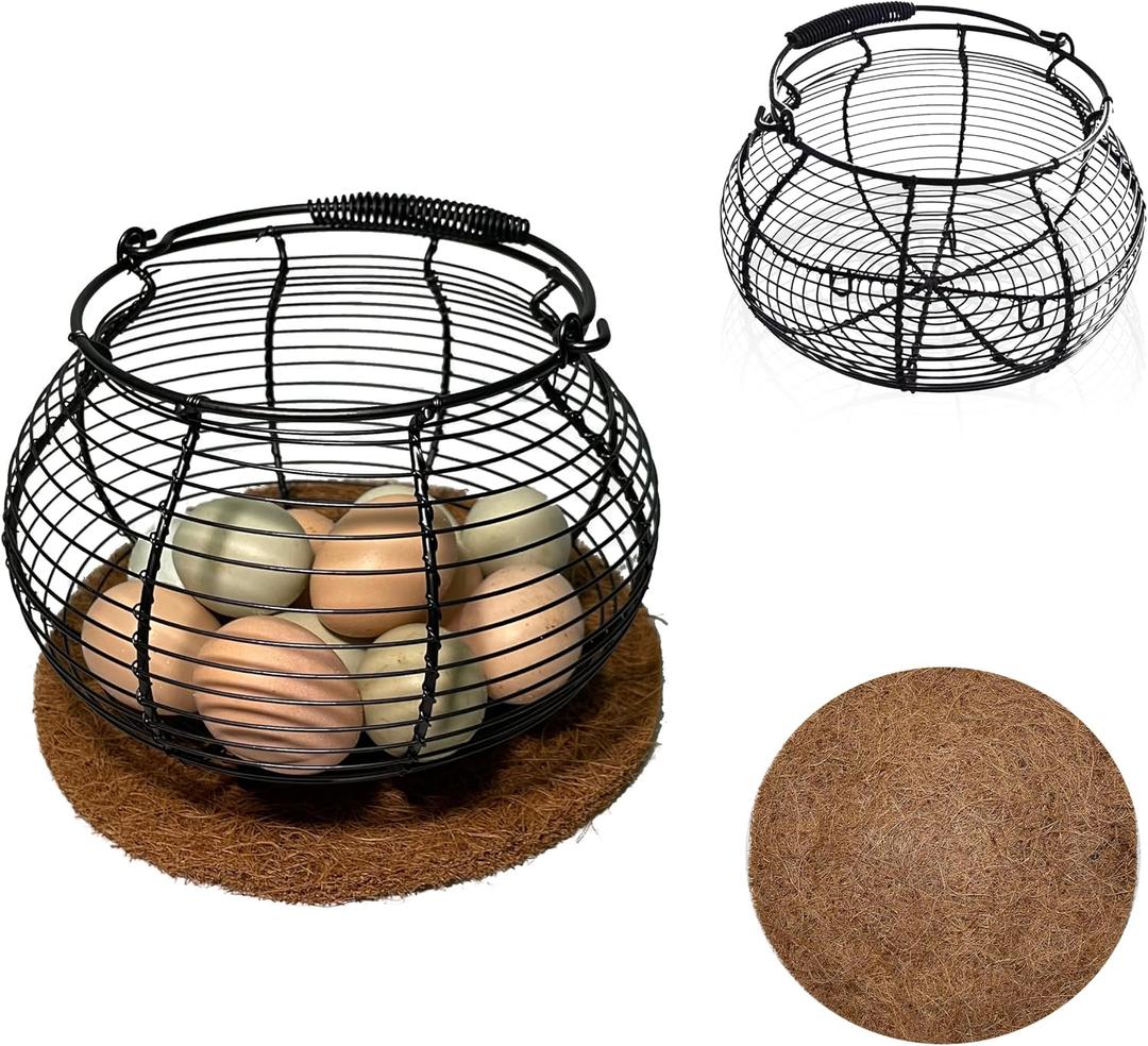 Egg Basket for Gathering Fresh Eggs, Retro Handle Egg Gathering Basket with Mat, Metal Egg Holder Countertop, Chicken Egg Basket for Farmhouse