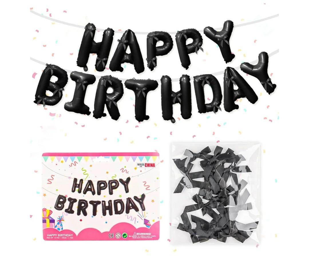Black Happy Birthday Balloons Banner with Bowknot 16 Inch Mylar Foil Letters Birthday Sign Banners for Girls Boys Kids & Adults Birthday Decorations Halloween Party Supplies