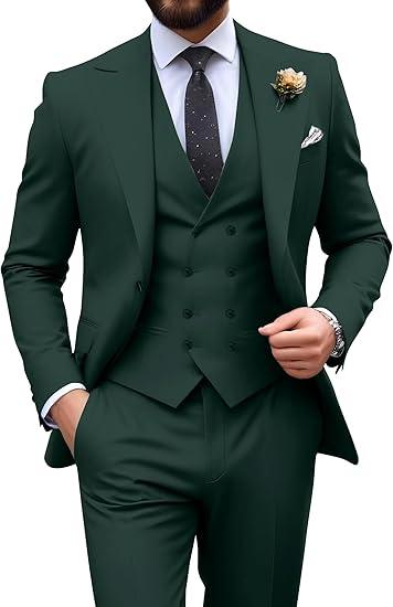 Mens Suit Slim Fit 3 Piece Double Breasted Suit Men Formal Tuxedo Set Casual Wedding Prom Groom Suits (Medium, Dark Green)