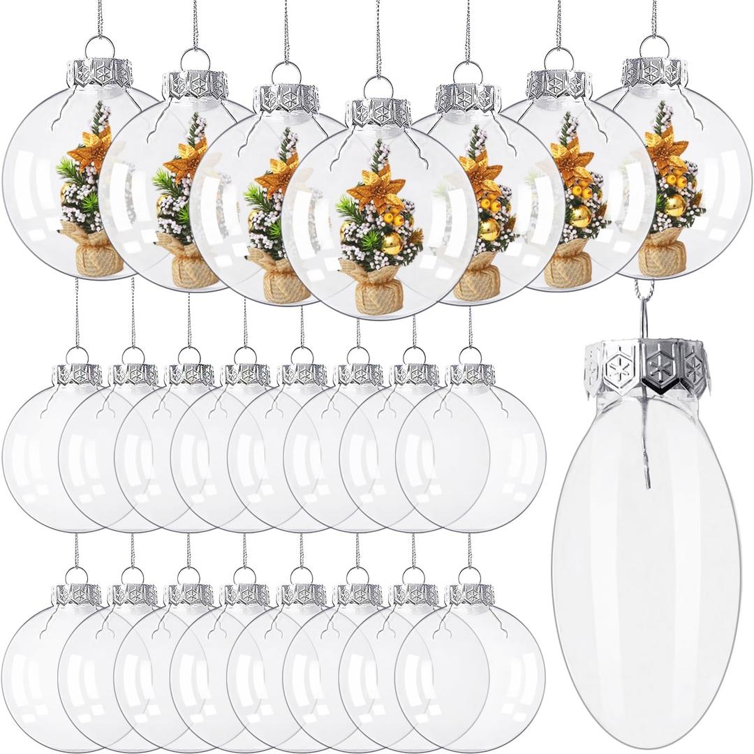 24 PCS Clear Ornament Ball,3.15 inch Transparent Flat Round Plastic Fillable Ball,Clear Fillable Balls with Silver Cap for Crafts,DIY,Christmas Tree Decoration