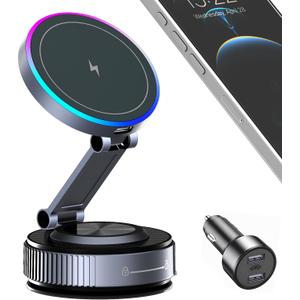 Magnetic Phone Holder for Car Wireless Charging, 15W Fast Wireless Car Charger with Vacuum Suction, 360° Adjustable Magnetic Mount for Dashboard & Windshield, Hands-Free for MagSafe iPhone & Android