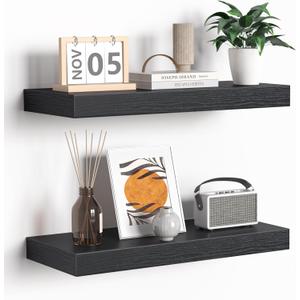 Fun Memories Floating Shelves - 16 Inch Rustic Black Wall Shelf - Wall Mounted Shelves for Wall Decor Storage - Wooden Shelves with Invisible Brackets for Living Room, Bedroom, Kitchen, 2 Pack (16"W x 6.7"D - 2P)