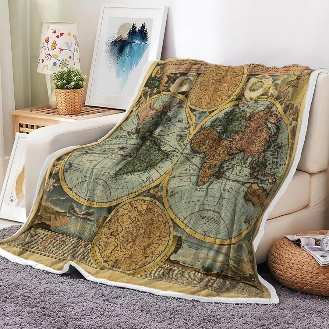 Vintage World Map Throw Blanket, Antique Old Nautical Map of the World Camping Blankets and Throws for Bed, Historical Atlas Geography Wanderlust Pirate Brown Blanket for Sofa Couch Decor, 50X60in (Multi14)
