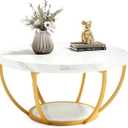 LITTLE TREE Round Coffee Table, 32" Circle Faux Marble Coffee Tables for Living Room, 2-Tier Golden Metal Legs Accent Center Table with Open Storage Modern Design Home Furniture (White and Gold)