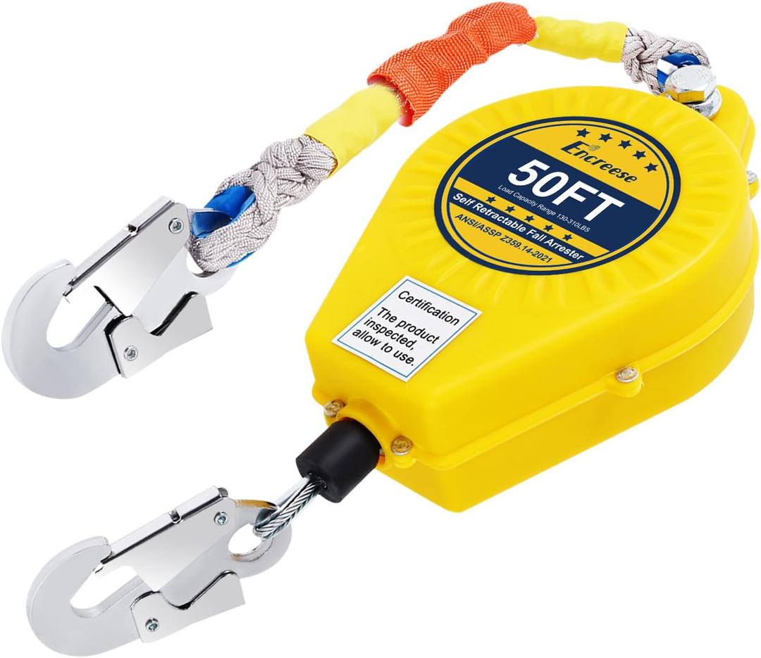 Self-Retractable Fall Arrester 50FT Double Locking Fall Arrest Protector Fall Protection Gear, Dual Alloy Steel PPE shell Heavy Duty Hook Cable Wire Rope Roofing Lifeline Safety Lanyard