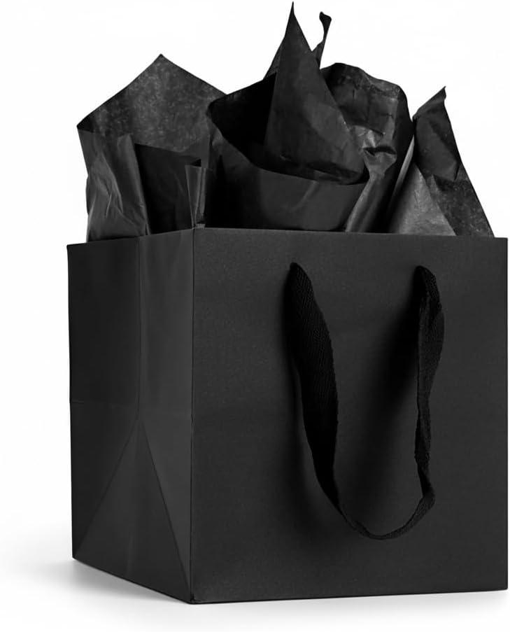 Aosric 12 Pack 8"x8"x8" Black Square Gift Bags with Ribbon Handles Reusable Thick Paper Bags for Boutique Shopping, Premium Gifts, Birthdays, Weddings, Baby Showers, Parties & Retail
