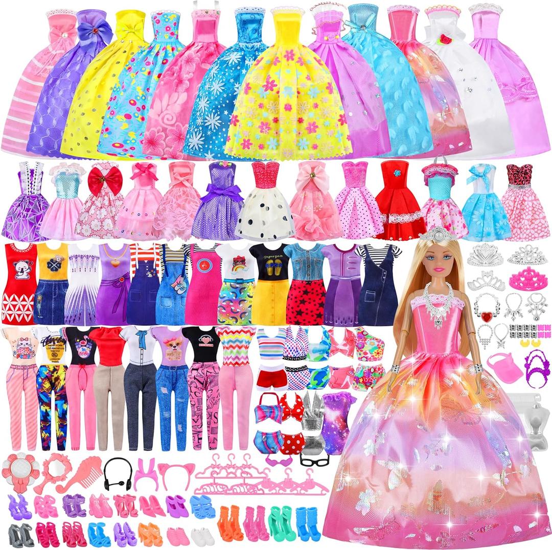 135 Pcs Doll Clothes and Accessories with Doll, Princess Gowns, Fashion Dresses, Slip Dresses, Top, Pants, Jumpsuit, Swimsuits, Shoes, Hangers, Doll Dress up Toys for Girls Kids Toddlers Toy Gifts