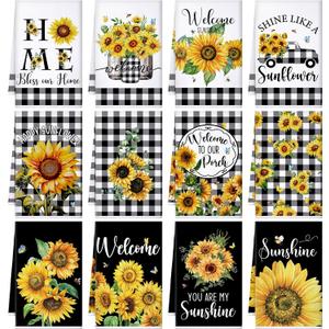 Bencailor 12 Pcs Sunflower Kitchen Towels Set Dish Spring Dish Hand Towels Buffalo Plaid Hand Cloths Reusable Seasonal Dishcloths for Summer Home Kitchen(Yellow,Sunflower)