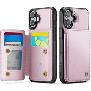 Vinich for iPhone 16 Plus Wallet Case with Card Holder, RFID Blocking Credit Slots Kickstand Shockproof Phone Cover Fit for iPhone 16 Plus 6.7" Rose Gold