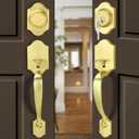 Moquin Brushed Gold Double Door Handle Set for Front Door, Gold Classic Double Front Door Lock Set with Dummy, Reversible Handle Lever for Entrance Exterior Doors, Satin Brass