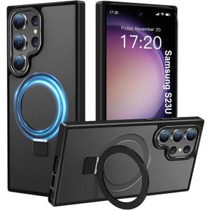 Compatible with Samsung Galaxy S23 Ultra Case with Magnetic Ring Stand, Military Drop Protection, Anti-Scratch/Anti-Fingerprint Translucent Matte Case for Samsung S23 Ultra (Black)