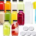 CUCUMI 10pcs 16oz Glass Juice Bottles with Lids, Reusable Juice Containers Drinking Jars Water Cups with Brush, Glass Straws, Lids with Hole