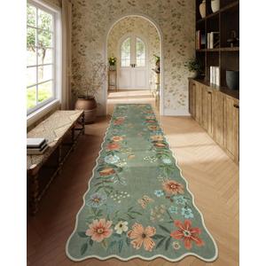 Floral Machine Washable Runner Rug, Ultra-Thin 2.6x10 Green Hallway Runner Rug Non Slip for Bedroom Bathroom, Non-Shedding Soft Carpet Runners for Entrance Laundry Room (2'6"x10', Green)