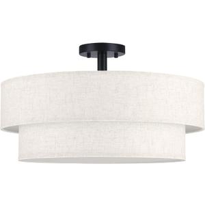 22 Inch LED 28W Adjustable 3000/4000/5000 Black Double Drum Linen Fabric Shade Semi Flush Mount Close to Ceiling Light Fixture for Bedroom,Living Room,Dining Room Hallway