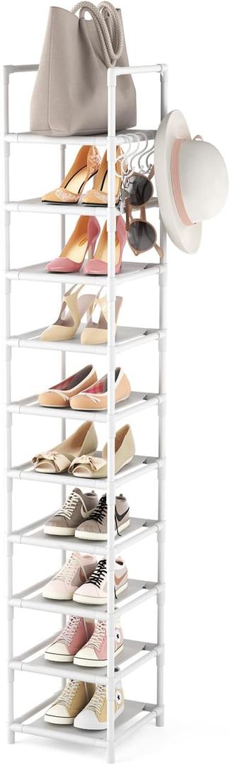 LANTEFUL Tall Narrow Shoe Rack 10-Tier Skinny Shoe Shelf Storage for 10-15 Pairs Shoes and Boots, Space Saving Corner Shoe Rack Organizer for Closet, Entryway, Garage, Living Room,White