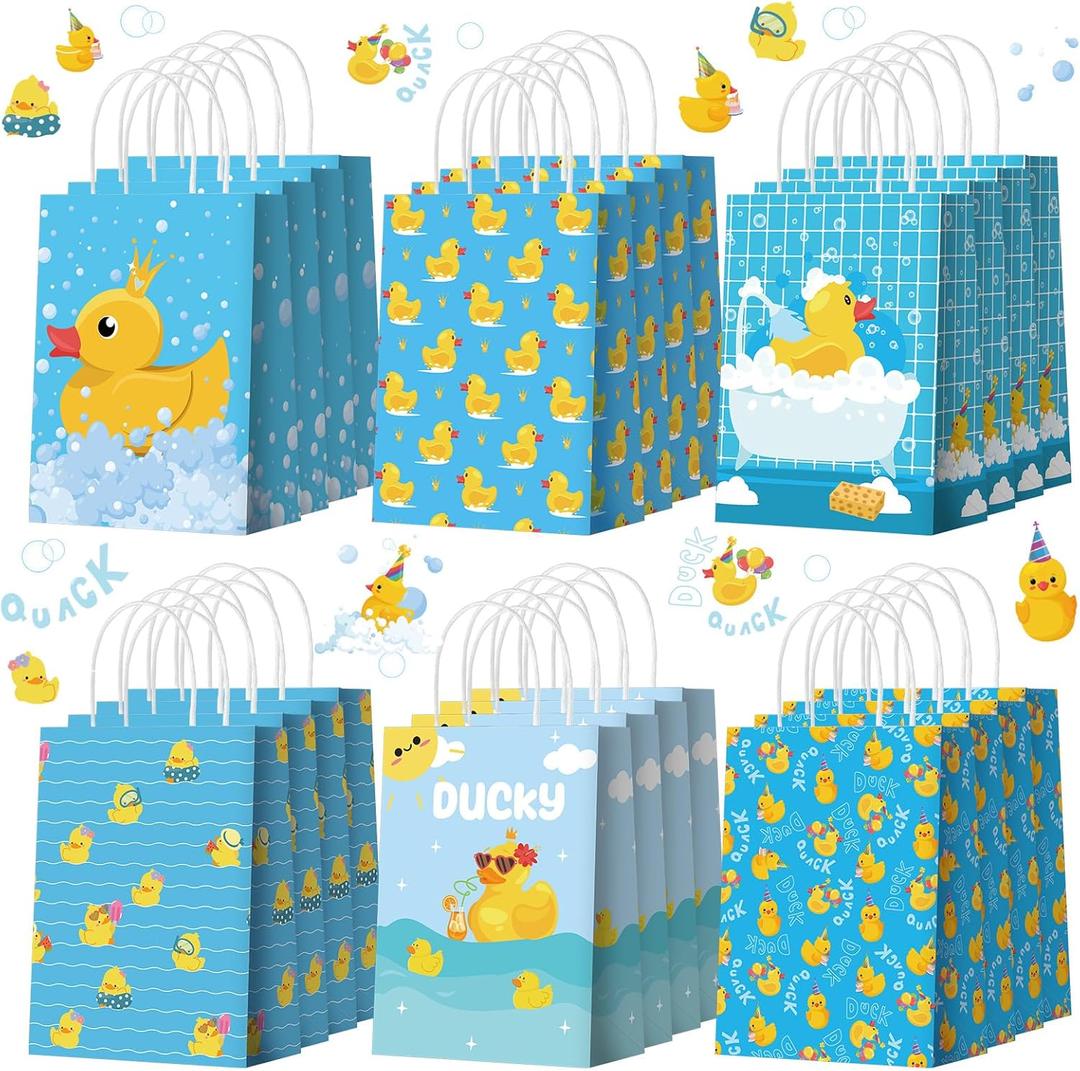 24pcs Yellow Duck Paper Bags with Handles Rubber Duckies Treat Gift Bags Candy Goodie Party Favor Tote Boxes for Baby Shower Birthday Duck Blue Party Supplies