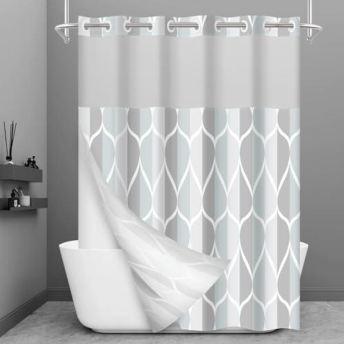 Yiatn No Hook Shower Curtain with Snap-in Liner, Gray Geometric Waterdrop Design, Machine Washable & Waterproof Polyester Bath Curtain, 71x74 Inch