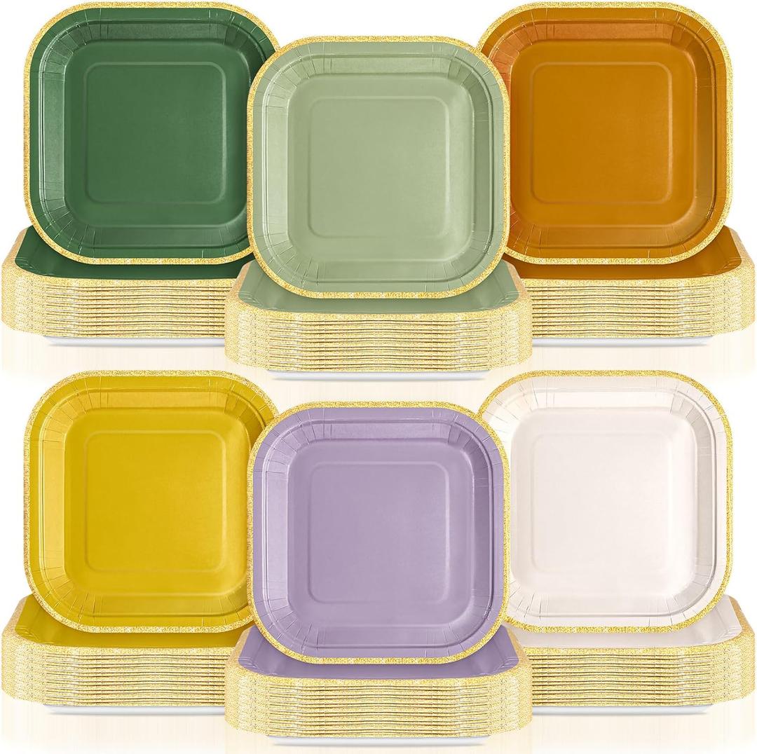 120 Pcs Nature Wedding Paper Plates 7 Inch Sage Green Purple Boho Colorful Disposable Square Dessert Plates with Gold Edge for Birthday Wedding Bridal Baby Shower Party Supplies, Yellow