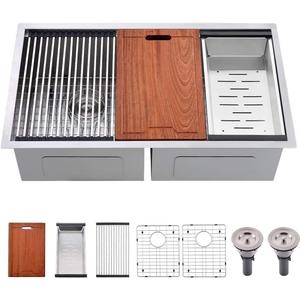 33 Inch Double Bowl Undermount Kitchen Sink Workstation-Bokaiya 33x19 Stainless Steel Undermount Double Bowl Sink 50/50 16 Gauge Deep Low Divide Under Mount Sink with Accessories