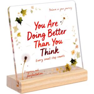 Inspirational Motivational Gifts Employee Appreciation You Are Doing Better Than You Think Acrylic Desk Plaque with Wooden Base Encouragement Sign for Women Men Coworkers Office Home Decor 4x4 in
