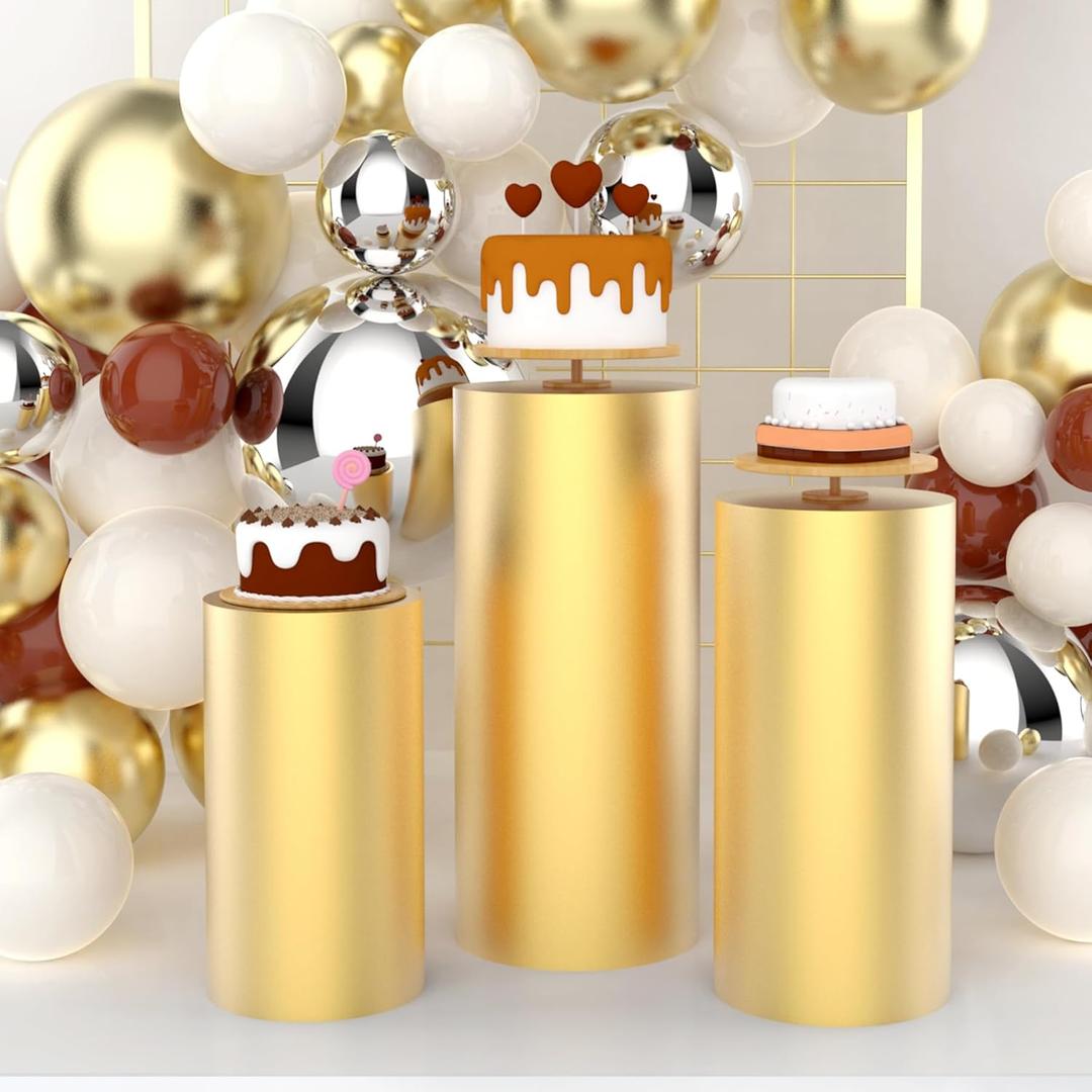 Babenest Gold Cylinder Pedestal Stand Covers Set of 3, Spandex Vintage Fitted Round Pedestal Covers, Elastic Cloth Pillar Plinth Cover for Birthday Wedding Party Reception Decoration(Without Stands)