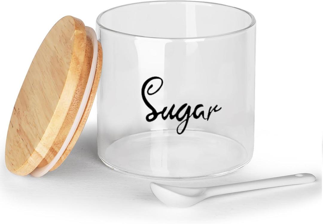 HAOTOP Clear Glass Condiment Pots with Spoon Wooden Lid and Silicone Sealing, Farmhouse Container Jar Dispenser Holder for Home Kitchen,12 oz Labeled Sugar