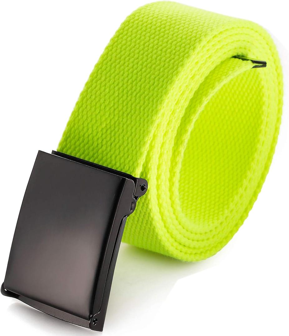 Mile High Life Cut To Fit Canvas Web Belt Size Up to 52" with Flip-Top Solid Black Military Buckle (Lime Green)