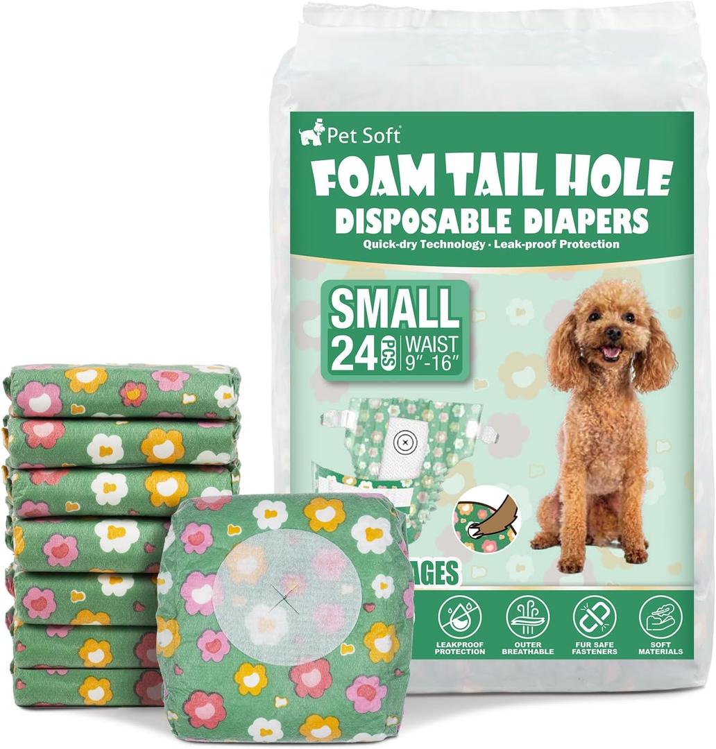Pet Soft Female Dog Diapers - Disposable Dog Diapers with Adjustable Foam Tail Hole, Cat & Puppy Diaper for Dogs in Heat or Incontinence, Small (24Pcs, Green)